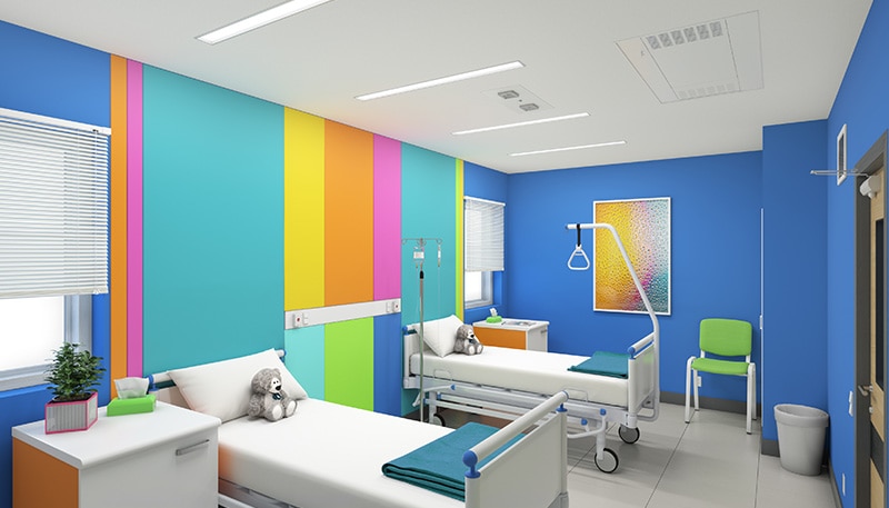 Light fixtures in a hospital room that use  pulsed xenon lamps for uv disinfection.