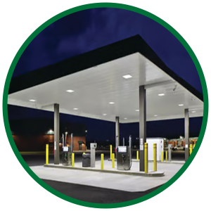 Image of a gas station and convenience store illustrating lighting solutions brochure.