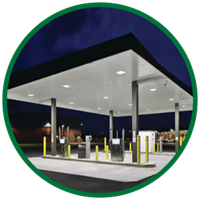 Image of a gas station and convenience store illustrating lighting solutions brochure.