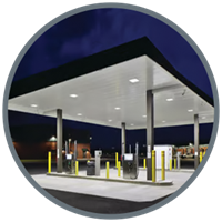 Image of a gas station and convenience store illustrating lighting solutions brochure.