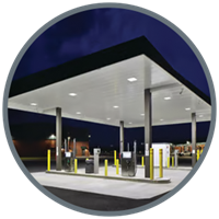 Image of a gas station and convenience store illustrating lighting solutions brochure.