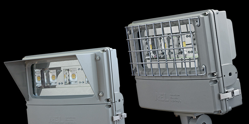 ACP LED floodlights with trespass shield and wire guard.