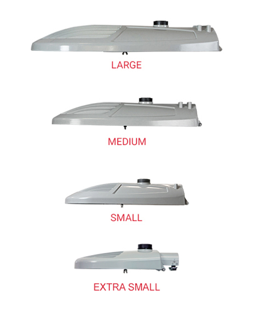 Autobahn roadway lights tradtional cobra head form offered in sizes large, medium, small and extra small.