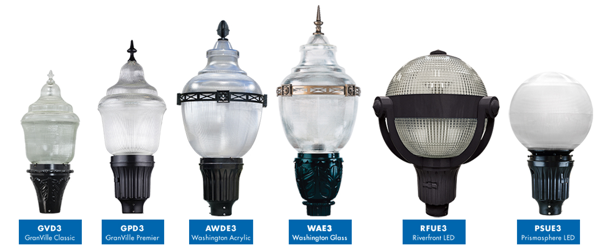 Holophane's acorn and sphere lighting product line include four acorn lights and two sphere lights.