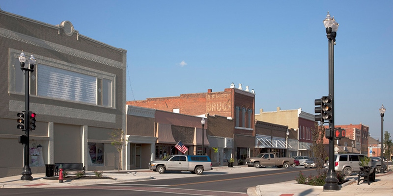 A local downtown lines their streets with Holophane's acorn lights.