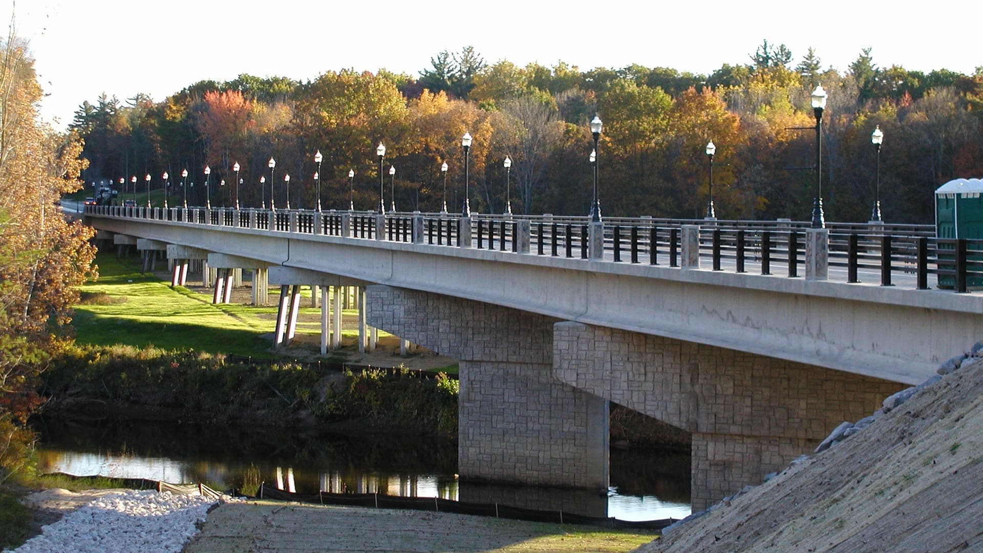 Overpass lined with dozens of Holophane's acorn lights.