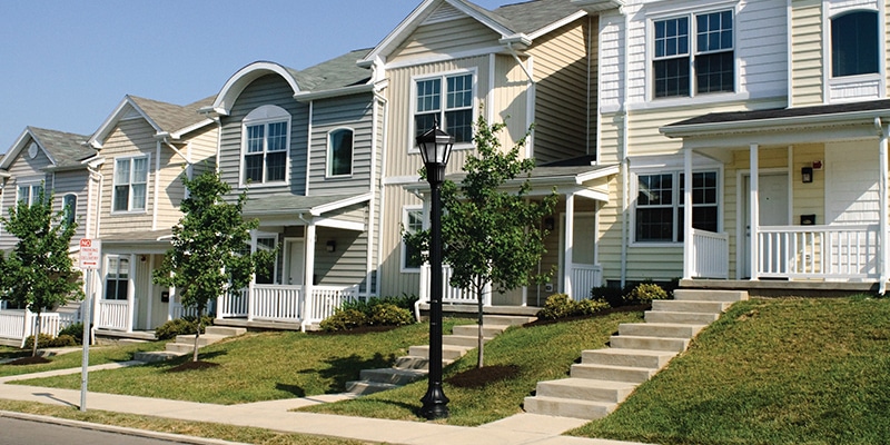 Holophane's LED lantern lights line the streets of a residential neighborhood.