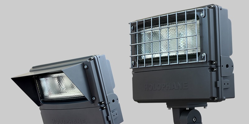 Predator industrial LED floodlights with trespass shield and wire guard.