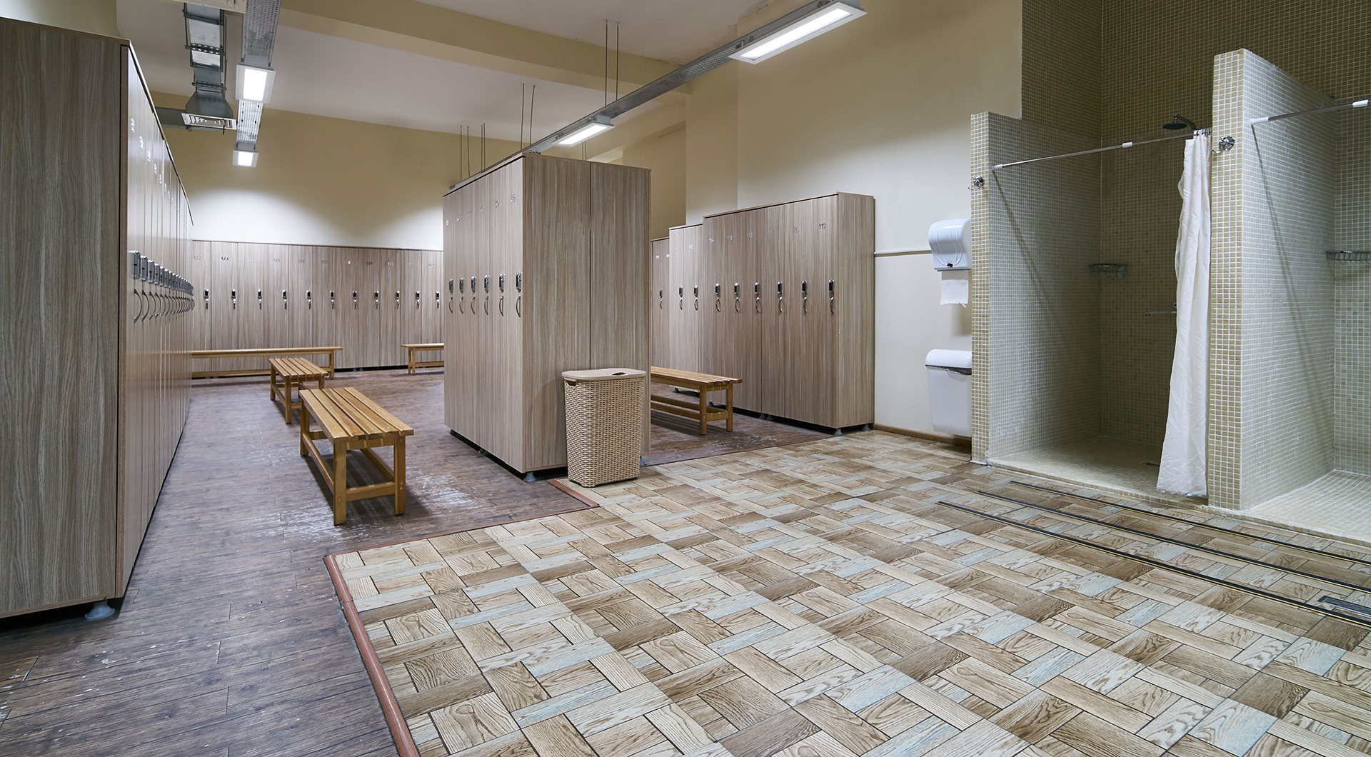 Industrial Troffers in modern locker room