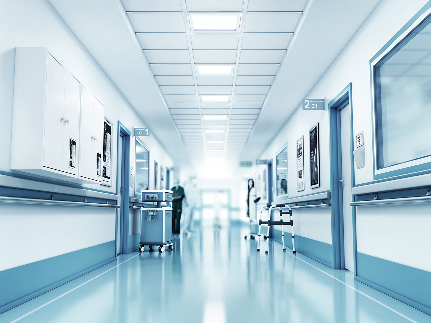 Industrial Troffers in bright hospital hallway