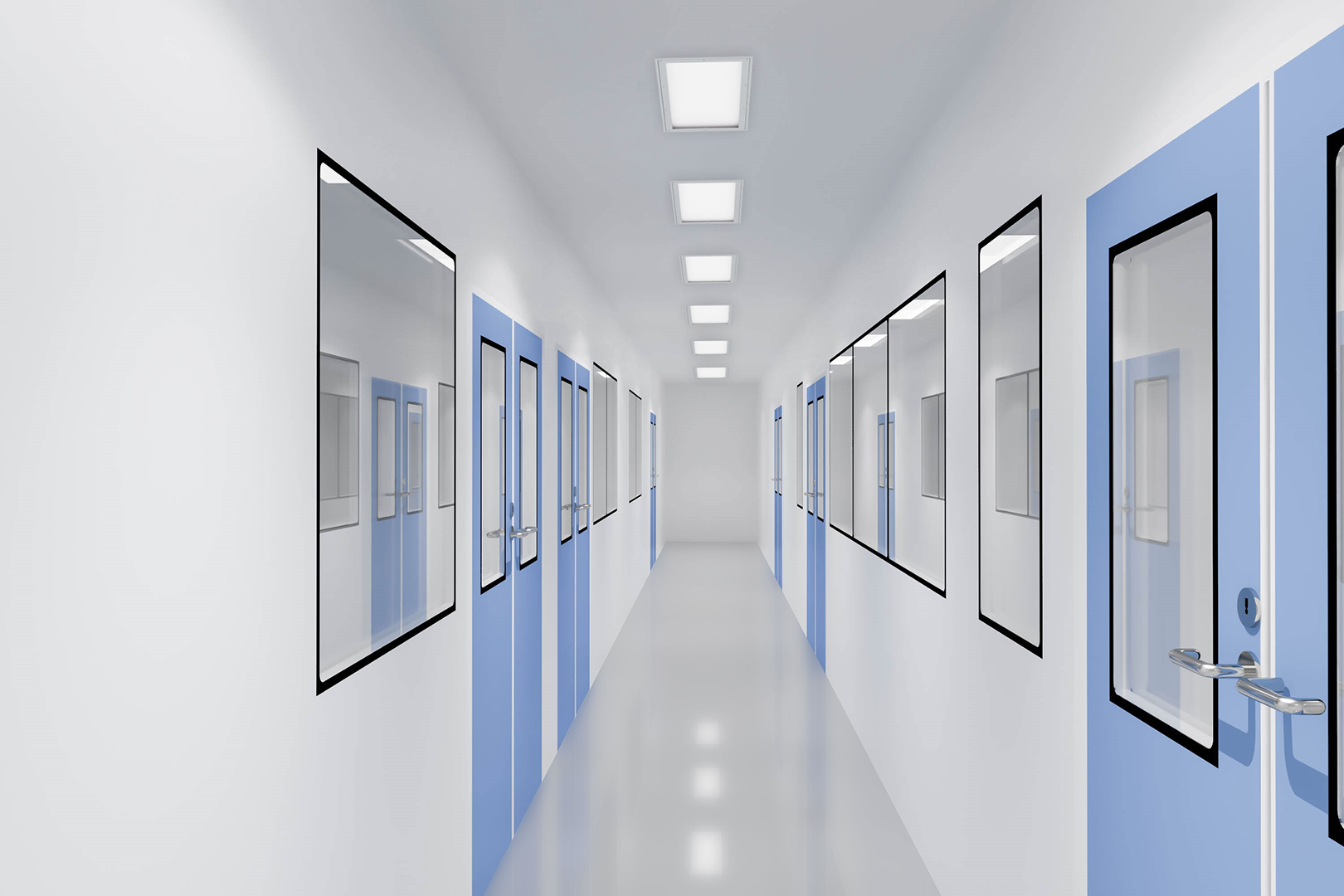 Industrial Troffers in clean, illuminated hallway