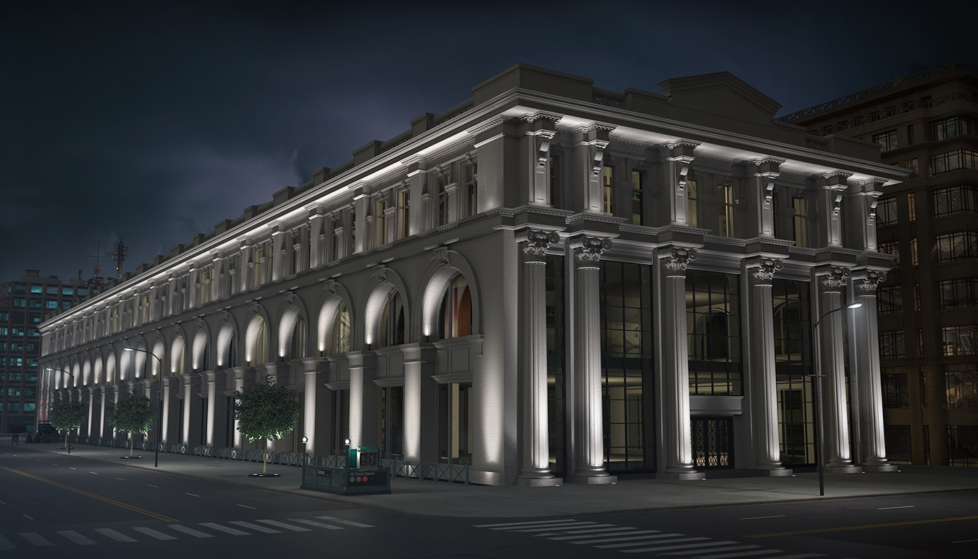 Full perspective view of a classic building with columns, demonstrating the use of architectural floodlights and accent lights.