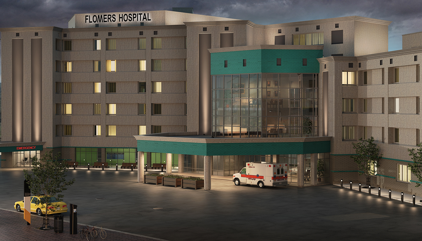 Perspective view of a hospital, demonstrating the use of floodlights, area lights, and bollards.