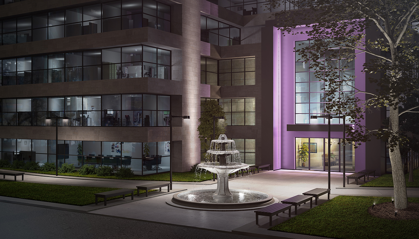 Zoomed in view of office building, showing the use of architectural floodlights on sections of the façade.