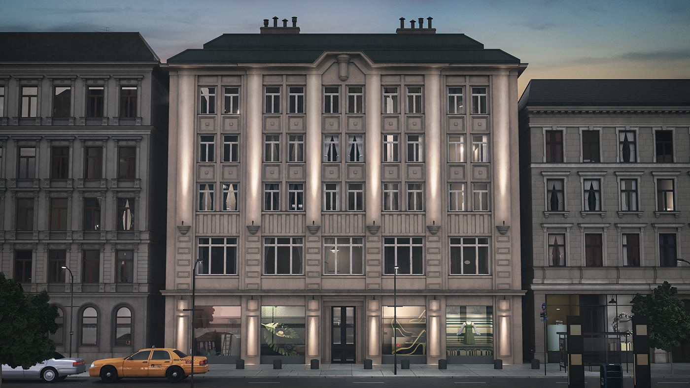 Zoomed in view of office building, showing the use of architectural floodlights on sections of the façade.