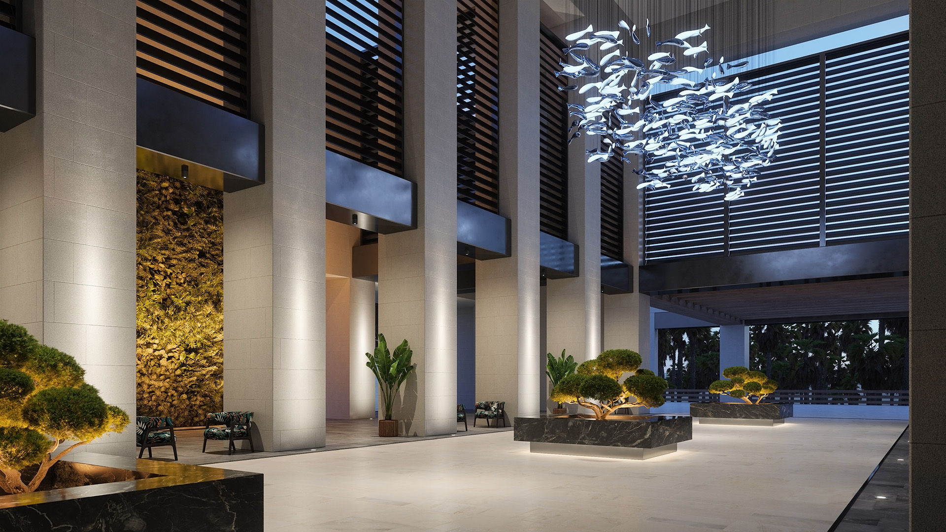 Hotel lobby lighting with RGB and tunable white Tierra from Hydrel