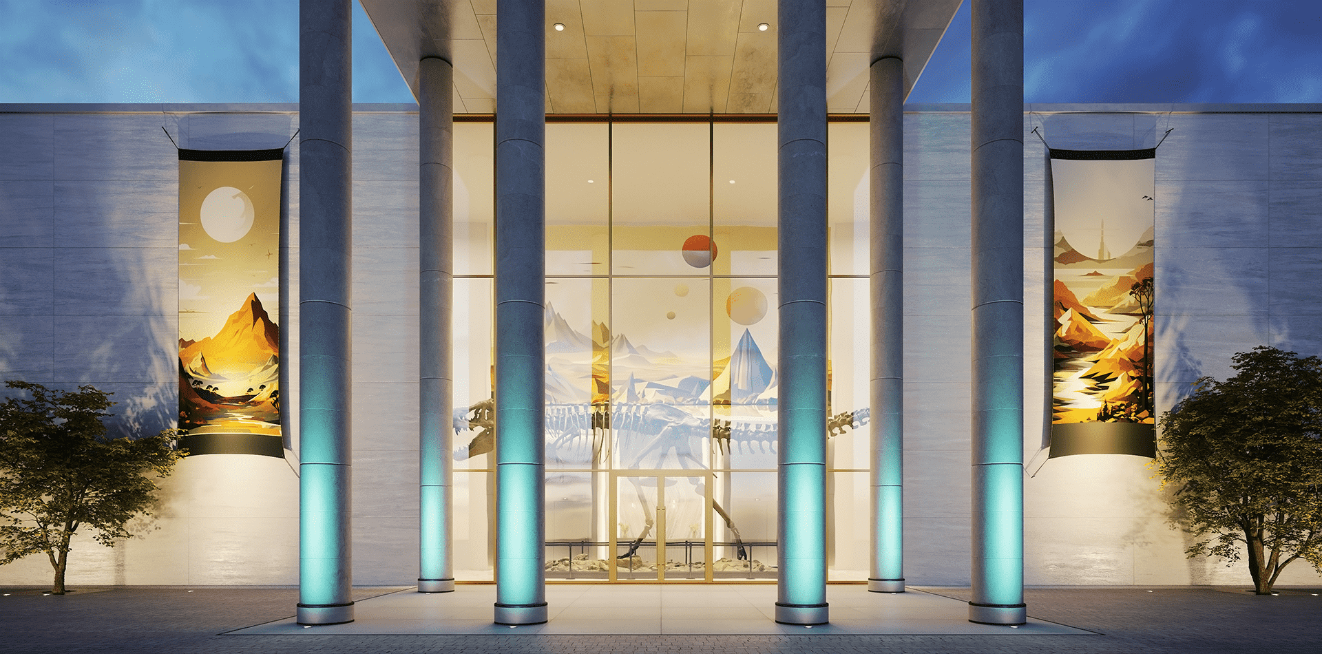 Museum exterior lighting with RGB blue Tierra from Hydrel