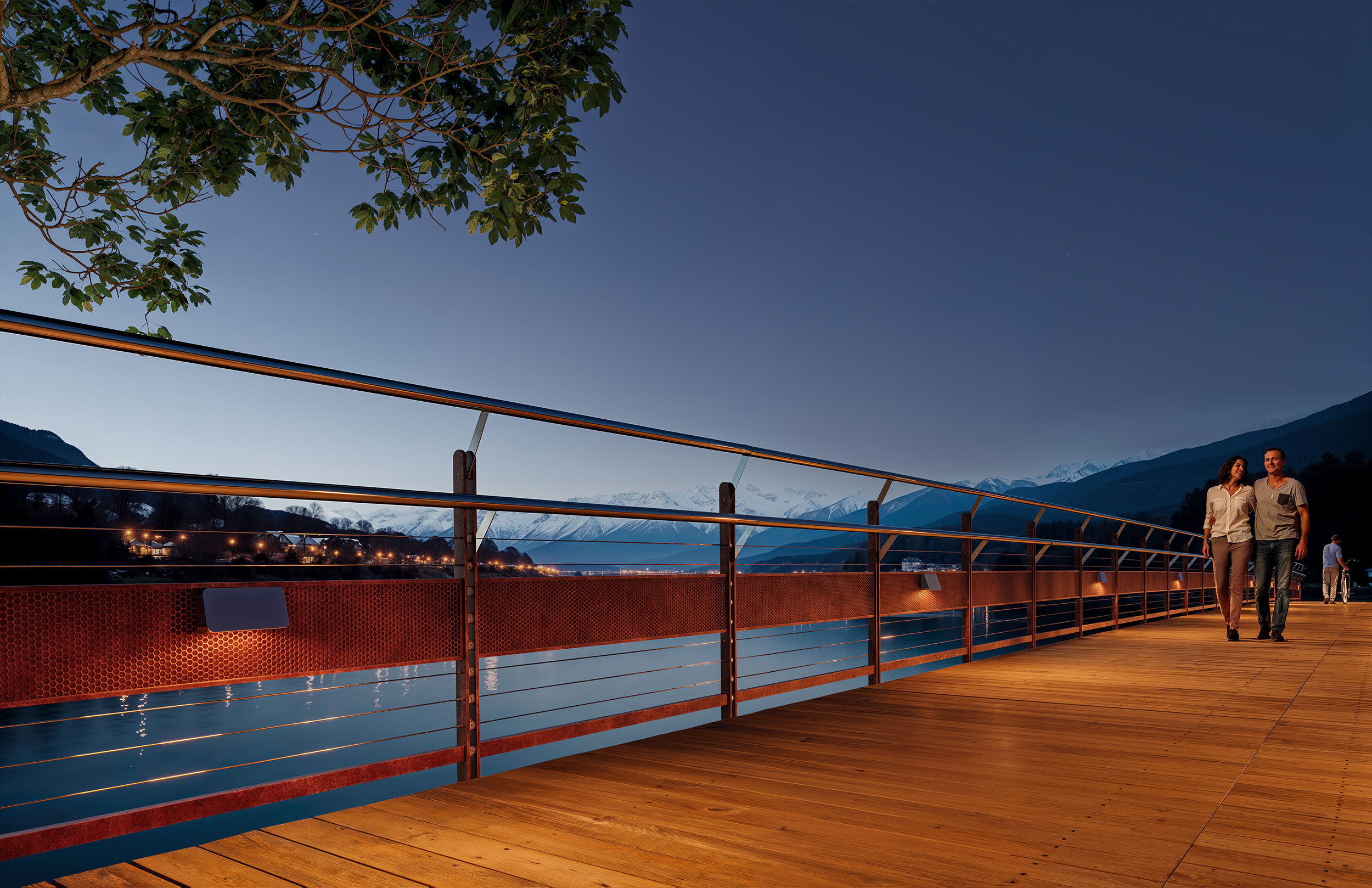 People walking on a bridge with Wander lighting