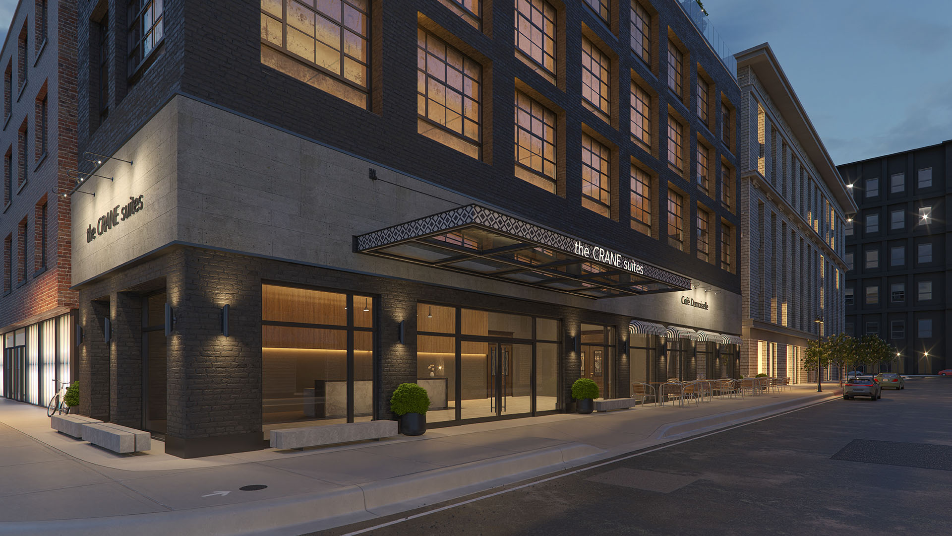Outdoor hotel lighting of the Crane Suites