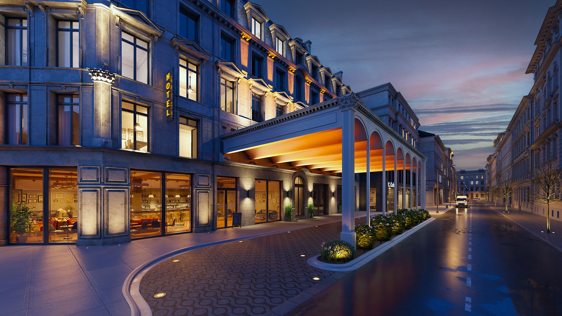 Hotel lighting for bright hotel canopy during the night