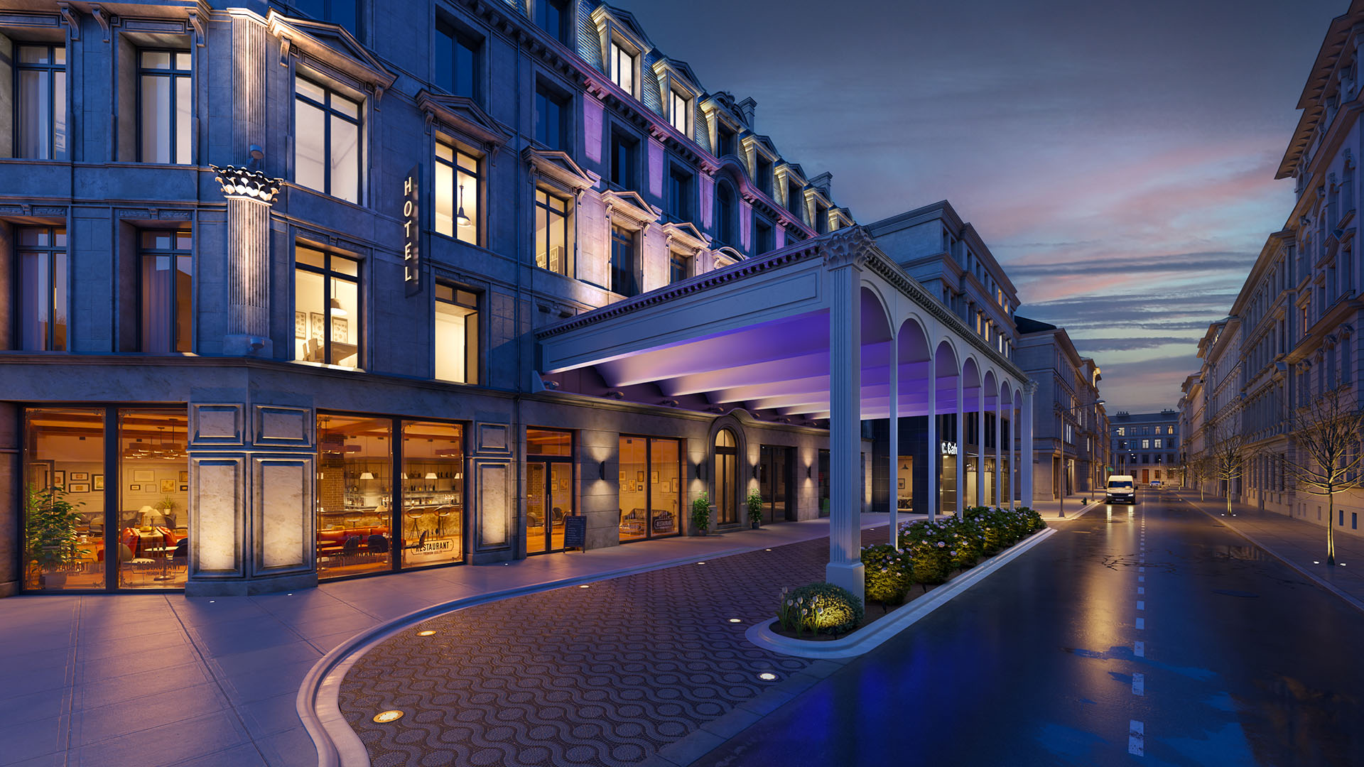 Purple hotel lighting for modern hotel canopy during at night