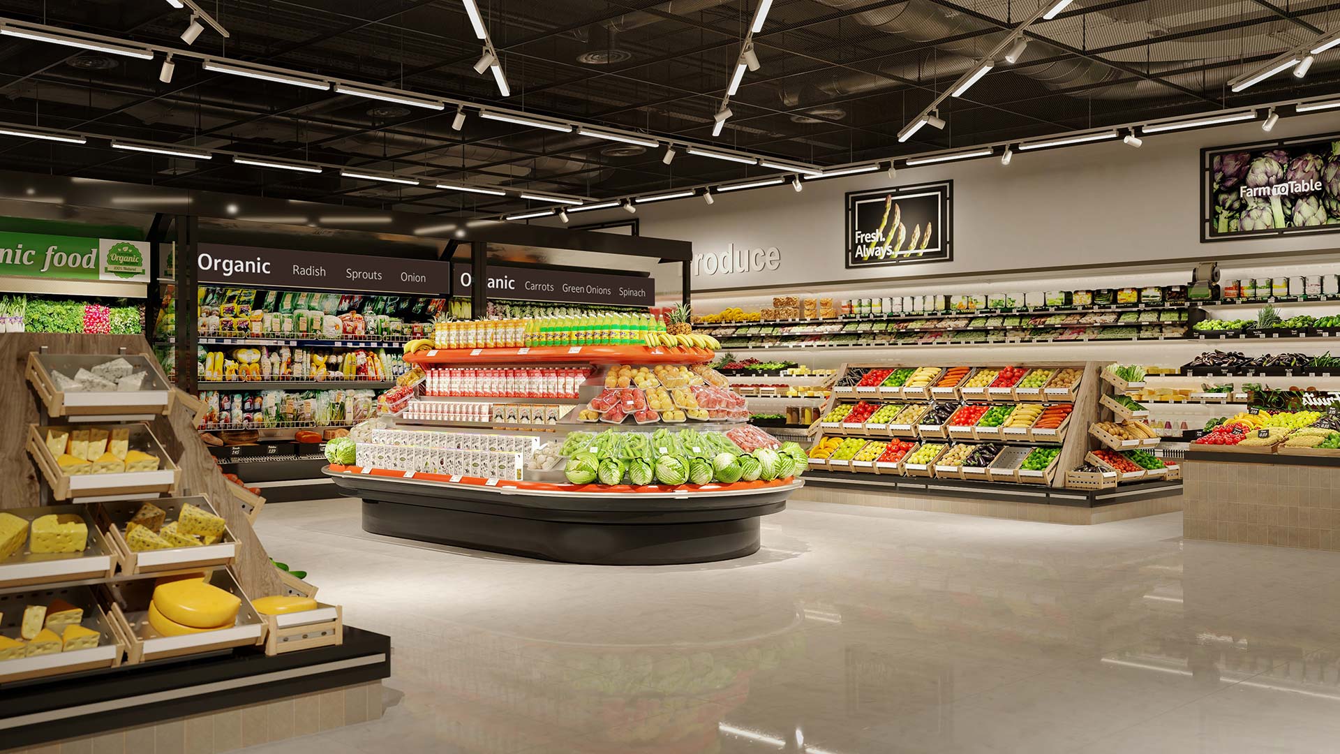 Grocery store produce area lighted by Juno Trac Linear Ambient