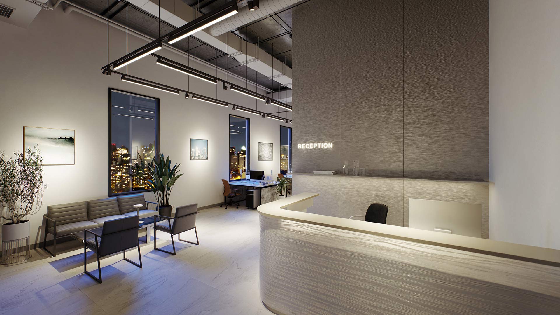 Juno Trac Linear Ambient fixtures illuminate office lobby