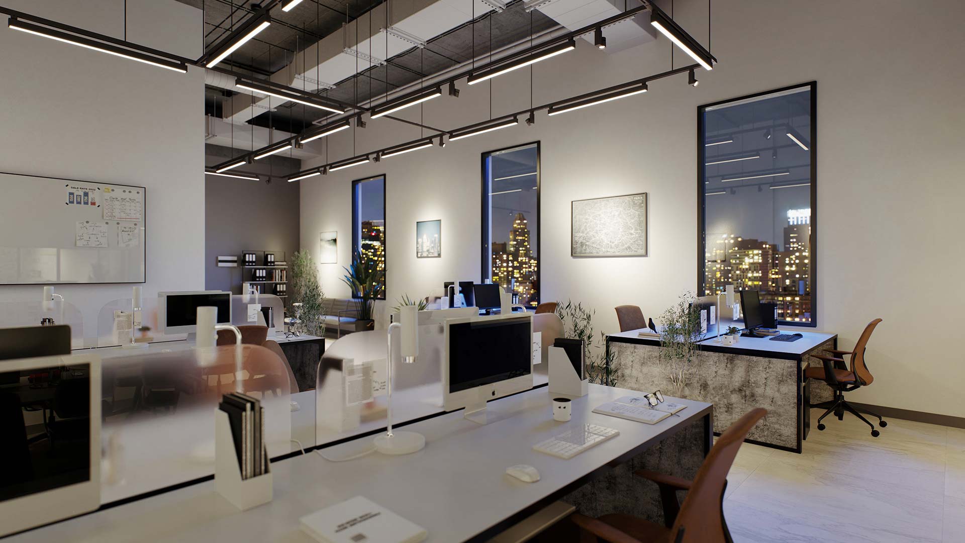 Modern office lit up by Juno Trac Linear Ambient at night
