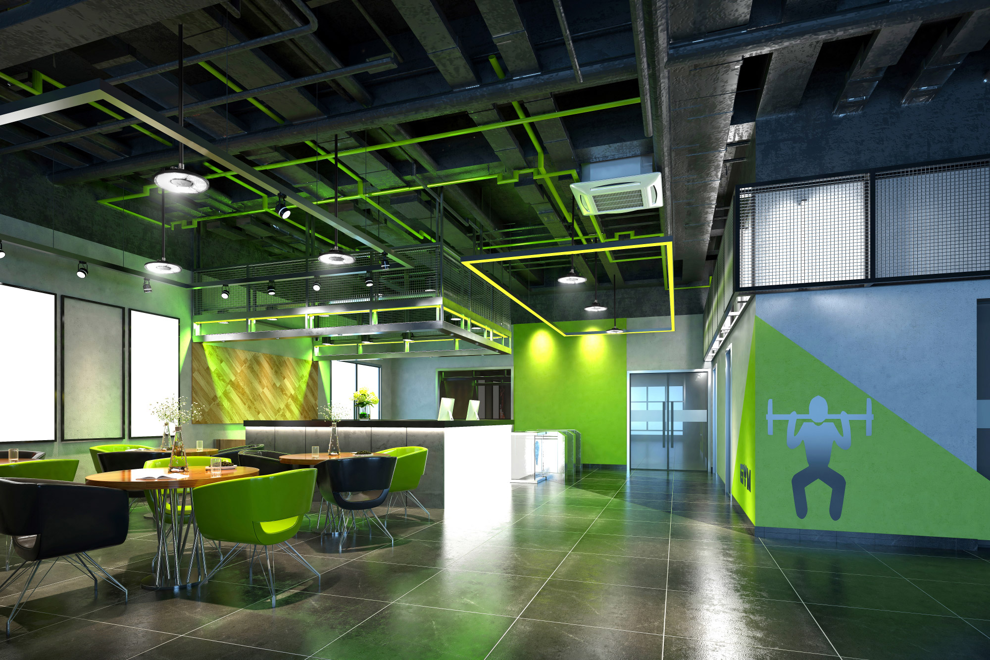 Compact Pro™ LED Round High Bay fixtures from Lithonia Lighting illuminates the lobby entrance to a gym.