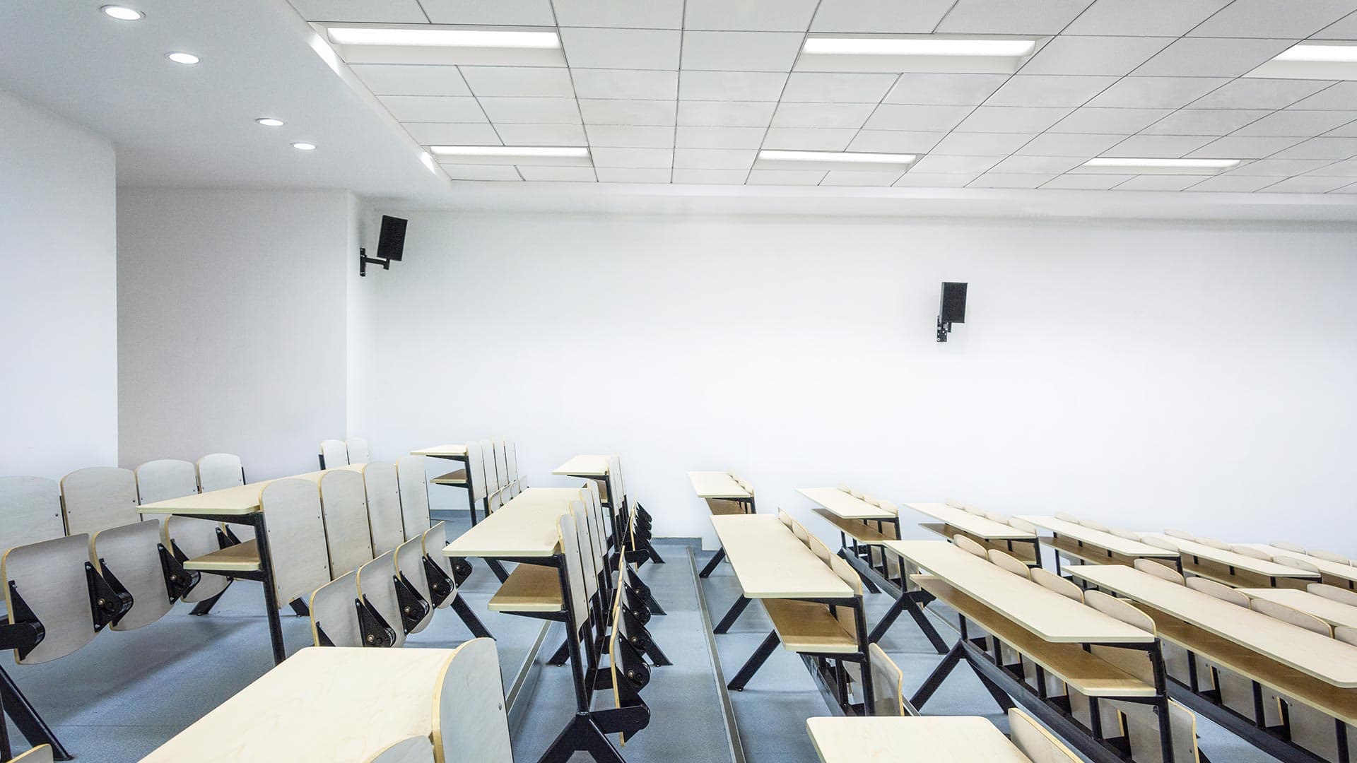 A college lecture hall decorated with center-element lighting by Lithonia Lighting.