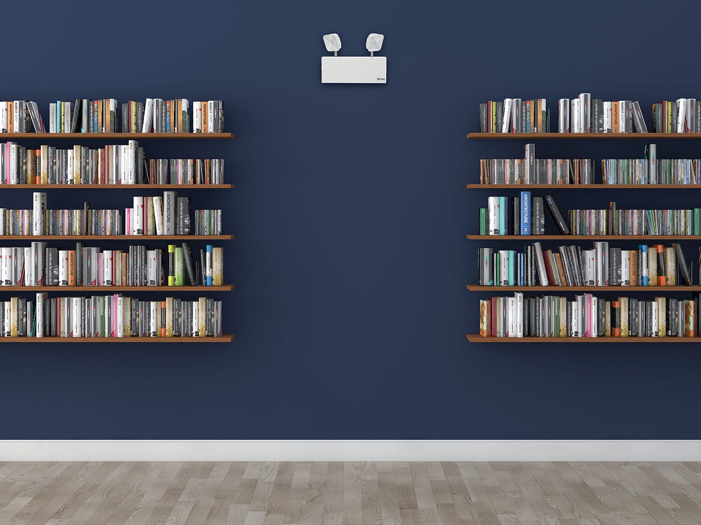Emergency lights from the Lithonia Titan Steel family are shown mounted to the wall of a bookstore.