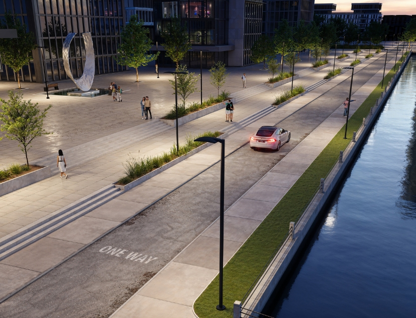Urban pathway illuminated by Pelican light fixtures