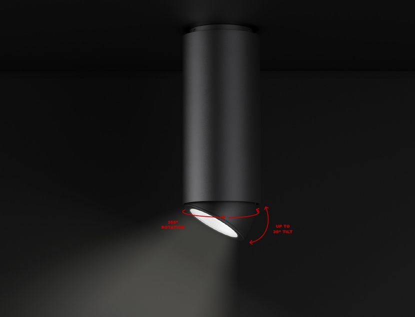 Close up of Syrios Pro luminaire on black background to show adjustability options