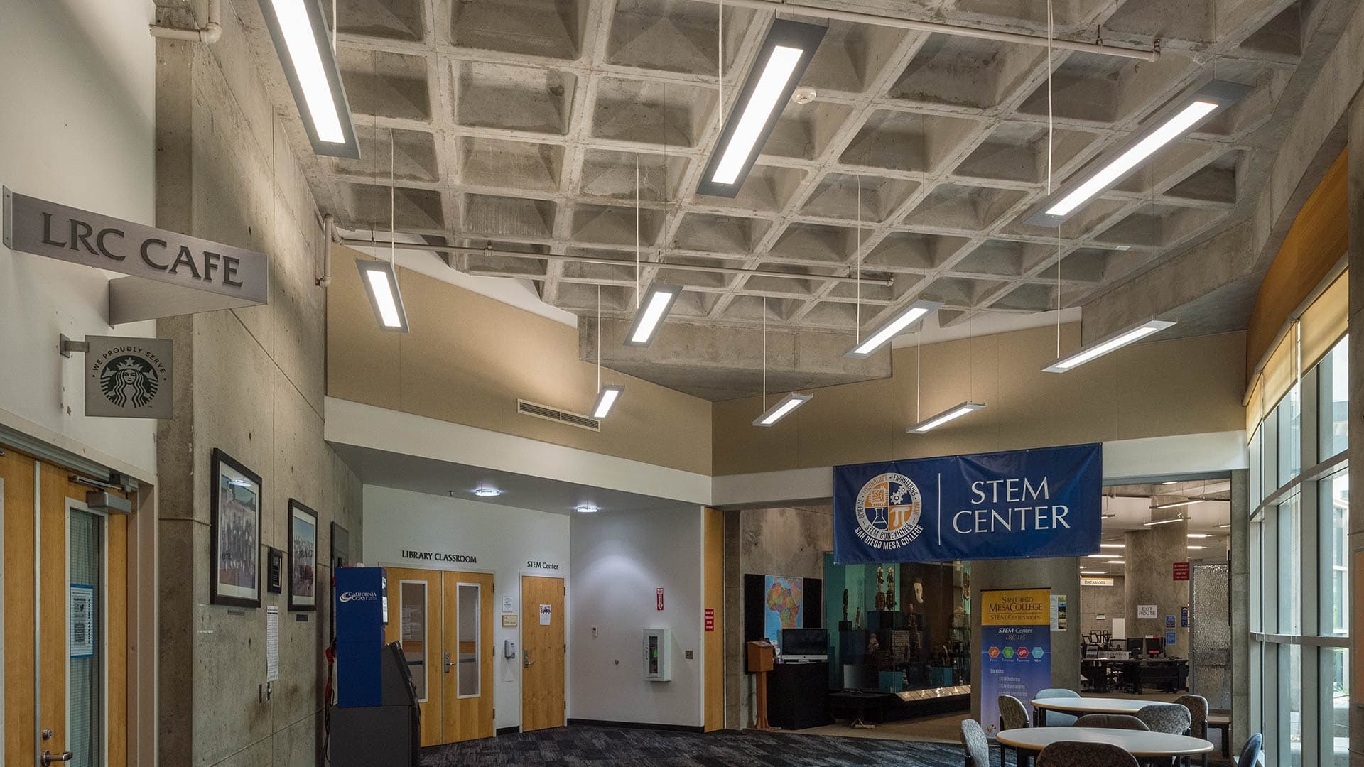 Peerless Bruno low profile lights used in school hallway ceiling