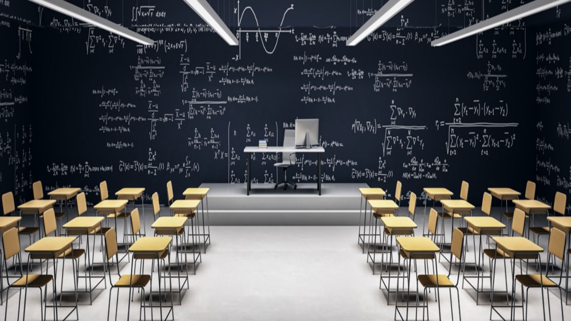 Peerless Proper's suspended linear fixtures illuminate a college classroom.