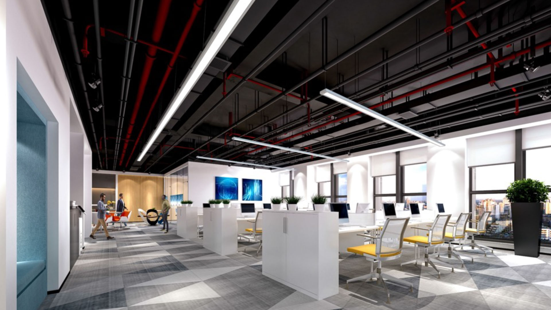 Proper suspended linear fixtures from Peerless illuminate an open office space.
