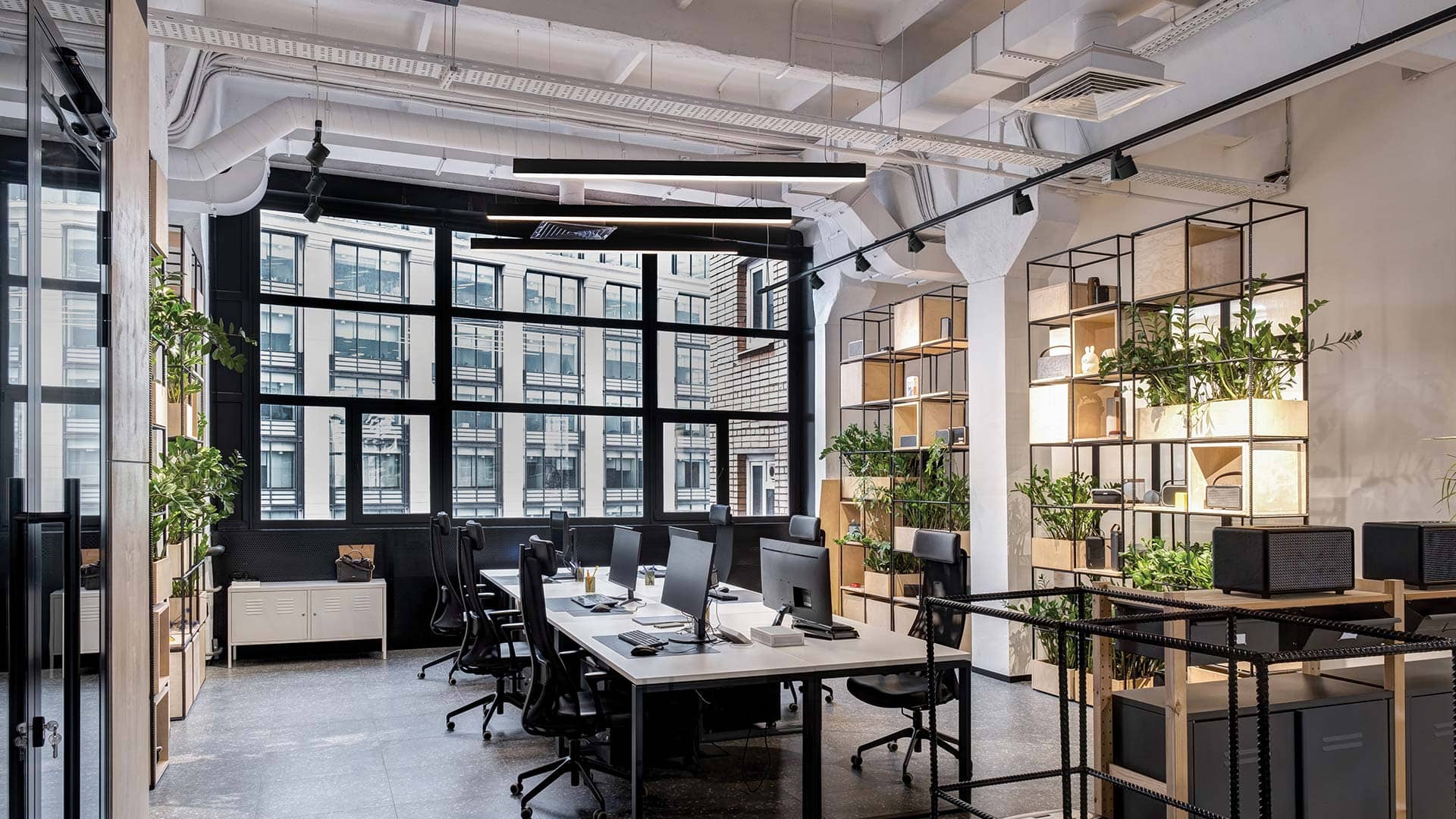 Juno track lighting system illuminates a group workspace.
